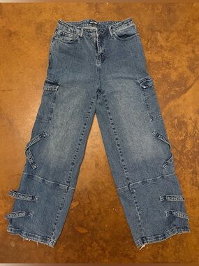 Hot Topic Dark Blue Wide-Leg Cargo Jeans with Strap Details